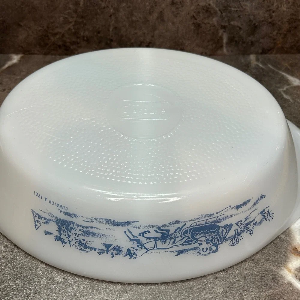 Glasbake Currier & Ives Blue Sleigh Milk Glass Divided Serving Dish Oval Cozy